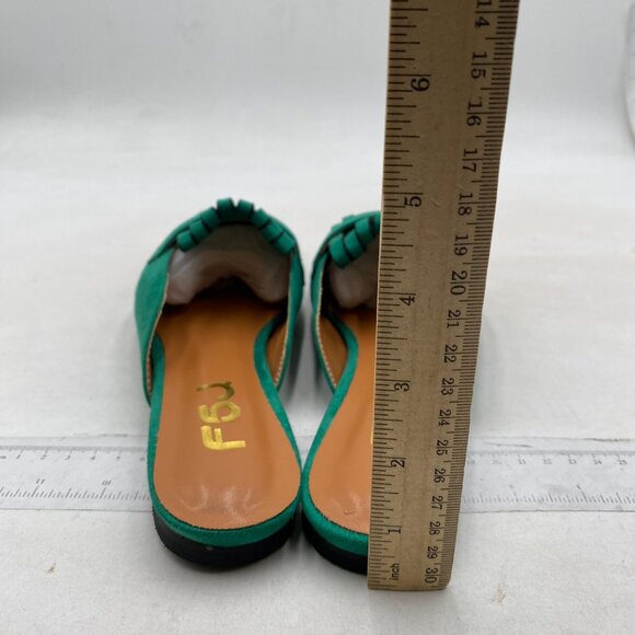 FSJ Womens Tassel Flat Mules Closed Pointed Toe, Loafers Backless Green Suede - Picture 4 of 7